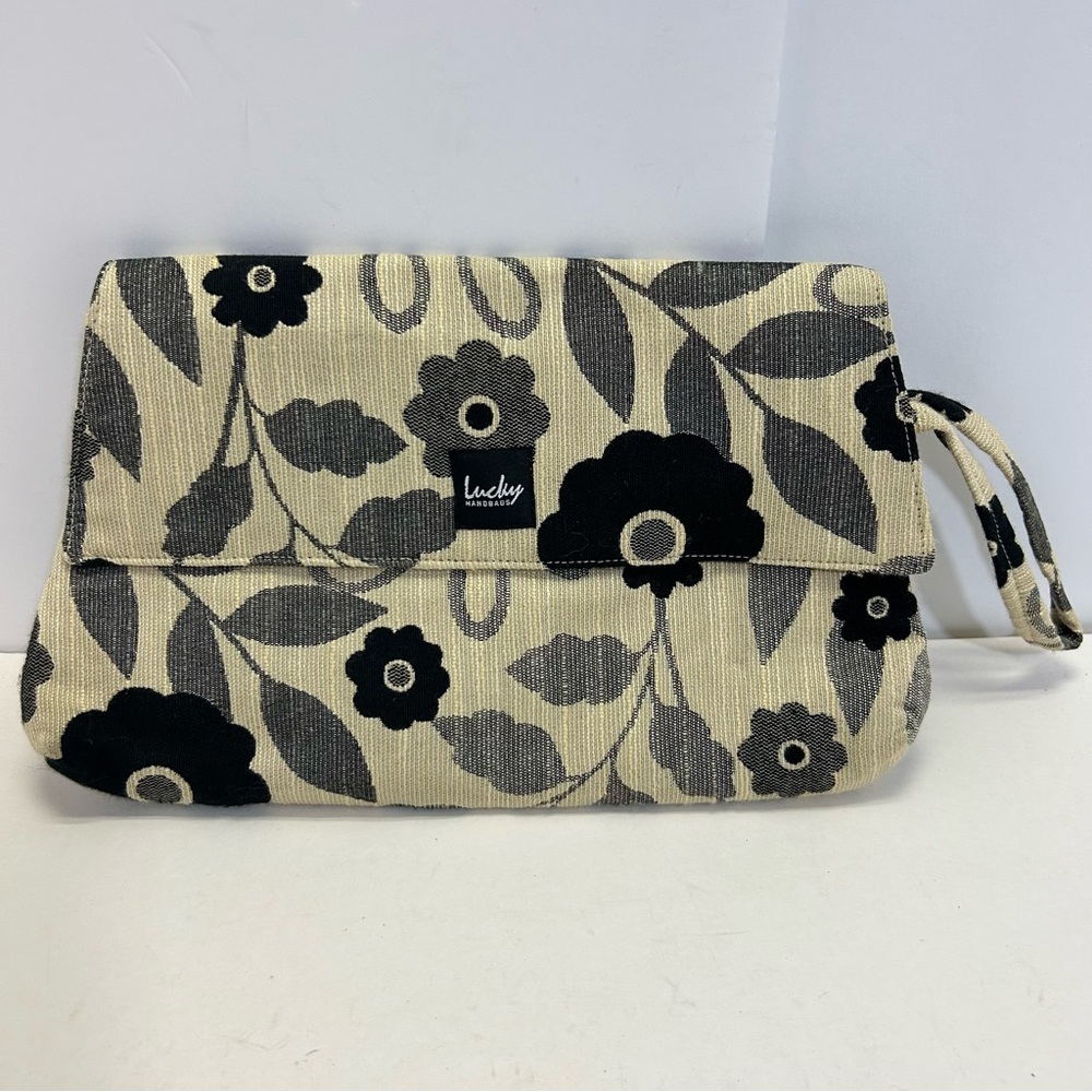 Lucky Brand Black and Cream Floral Clutch Fabric lightweight neutral purse